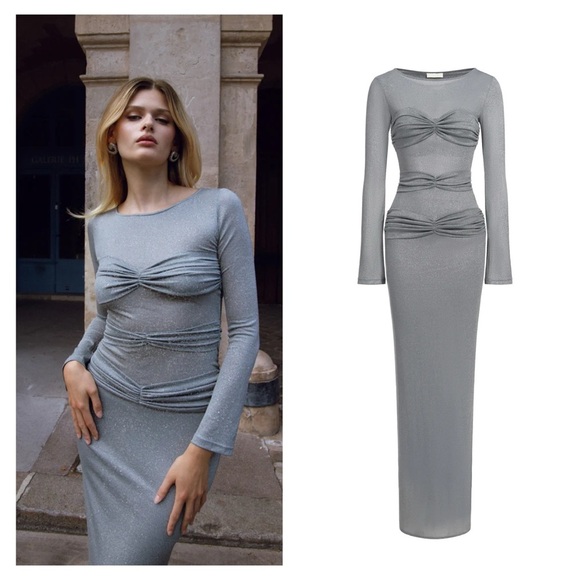 Pheme Dresses & Skirts - PHEME Silver Mesh Maxi Dress XS Stretch Ruched Long Sleeve Evening Sparkle Gown